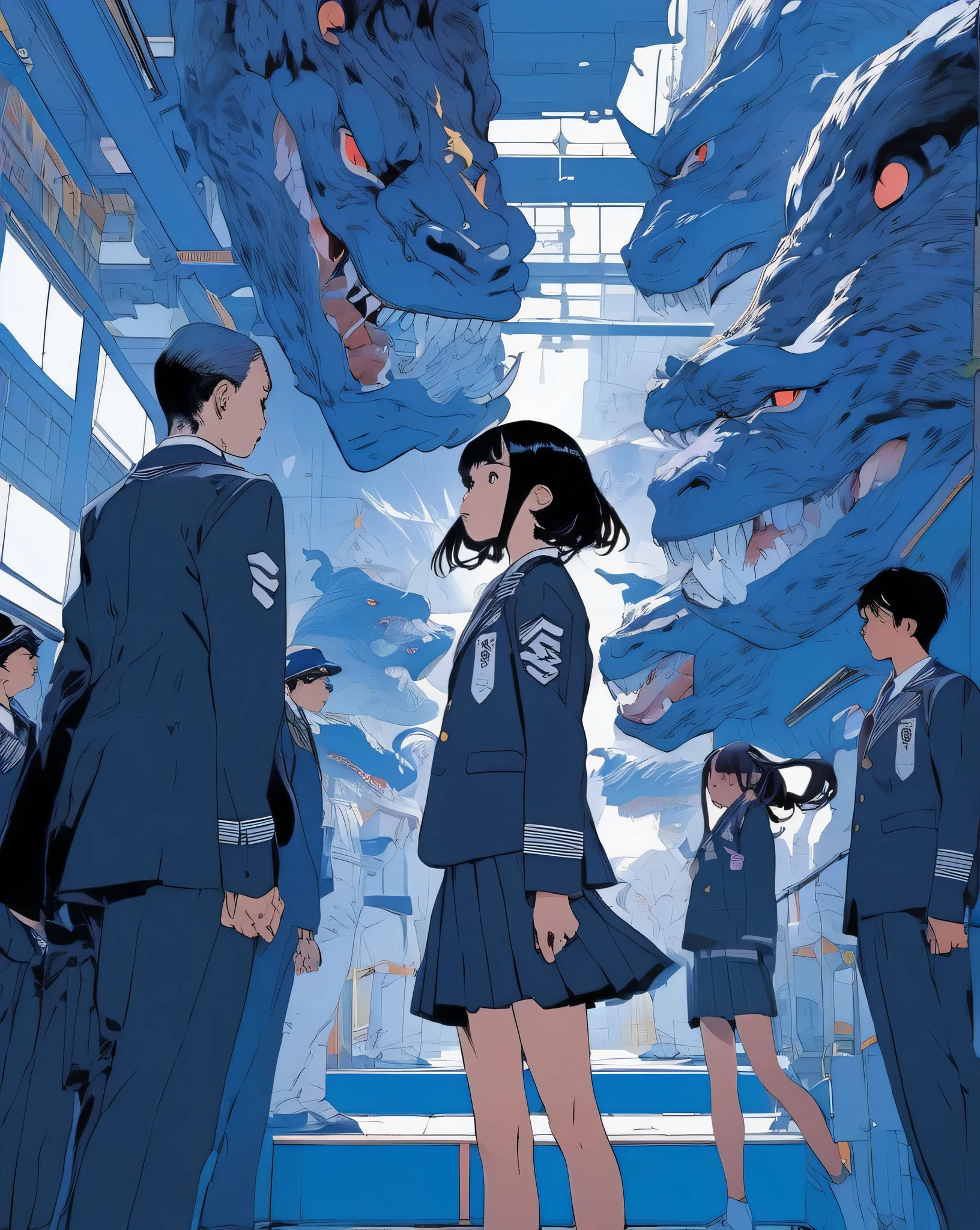 Japanese high school girl monsters by Laurie Greasley and Takeshi Obata, The desire to achieve enlightenment, Wearing a blazer uniform、nirvana, navy blue and white, Oil Paint, be familiar with, realistic, 8k uh, high quality、highest amount of information、masterpiece、Detailed writing、