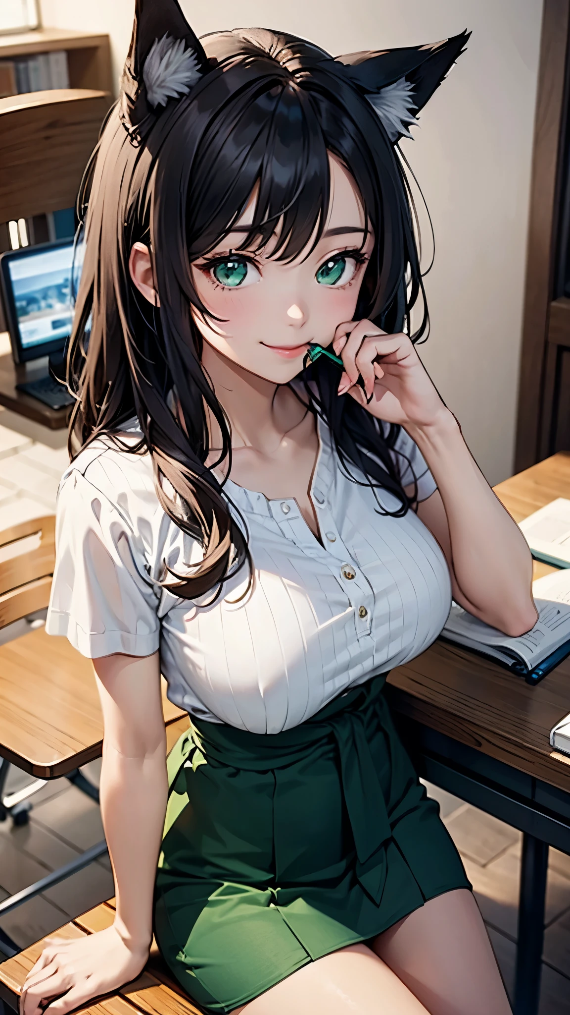 highest quality、masterpiece、８K、1 female、20-year-old、black hair、Wavy Long Hair、bangs、fox ears、(attractive woman)、(smile)、white blouse、room、emerald green eyes、sparkling eyes、big bust、((from waist to head))、(sitting at the desk)、Novelist、holding a pencil in mouth、(transparent)、(pure)、aerial perspective、