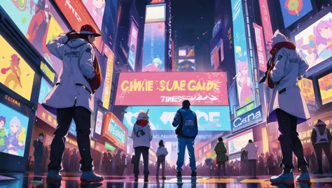 imagine 1 homem cyberpunk usando um guarda-chuva, caminhando pela times square , clima chuvoso a noite ,carros passando , detalh...