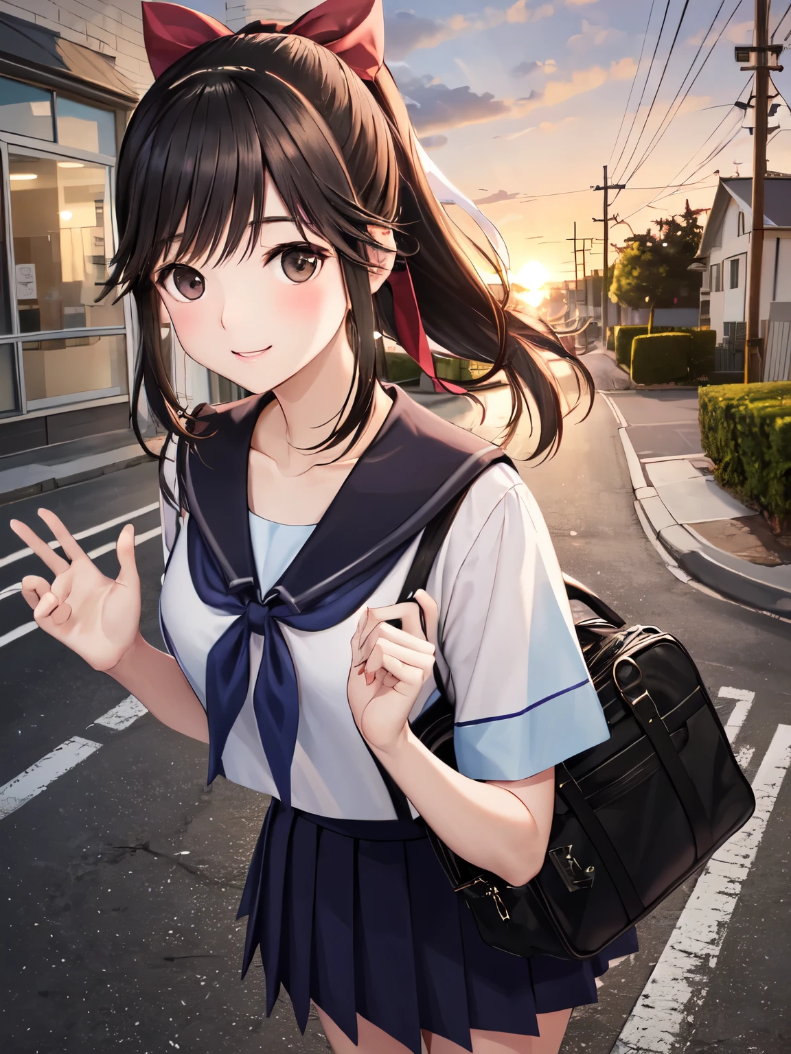 Super Detailed Game CG, (High resolution:1.1),(absurd:1.1), anime, evening、sunset、Residential street at sunset、telephone pole、street tree, pretty girl, 1 girl, takane manaka, small breasts, black hair ponytail, red hair ribbon,white sailor suit, navy blue skirt, bangs, wind effect, reflection effect, smile gently、smile、beauty in return、Reddish cheeks、優しいsmile、 beautiful perfect face, droopy eyes、view audience、With a wave of hands、trot、holding a black school bag、after school