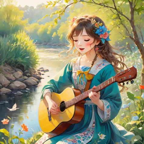 Landscape painting,A girl is singing while playing an instrument on the riverbank,have an instrument:guitar,spring,morning,Natur...