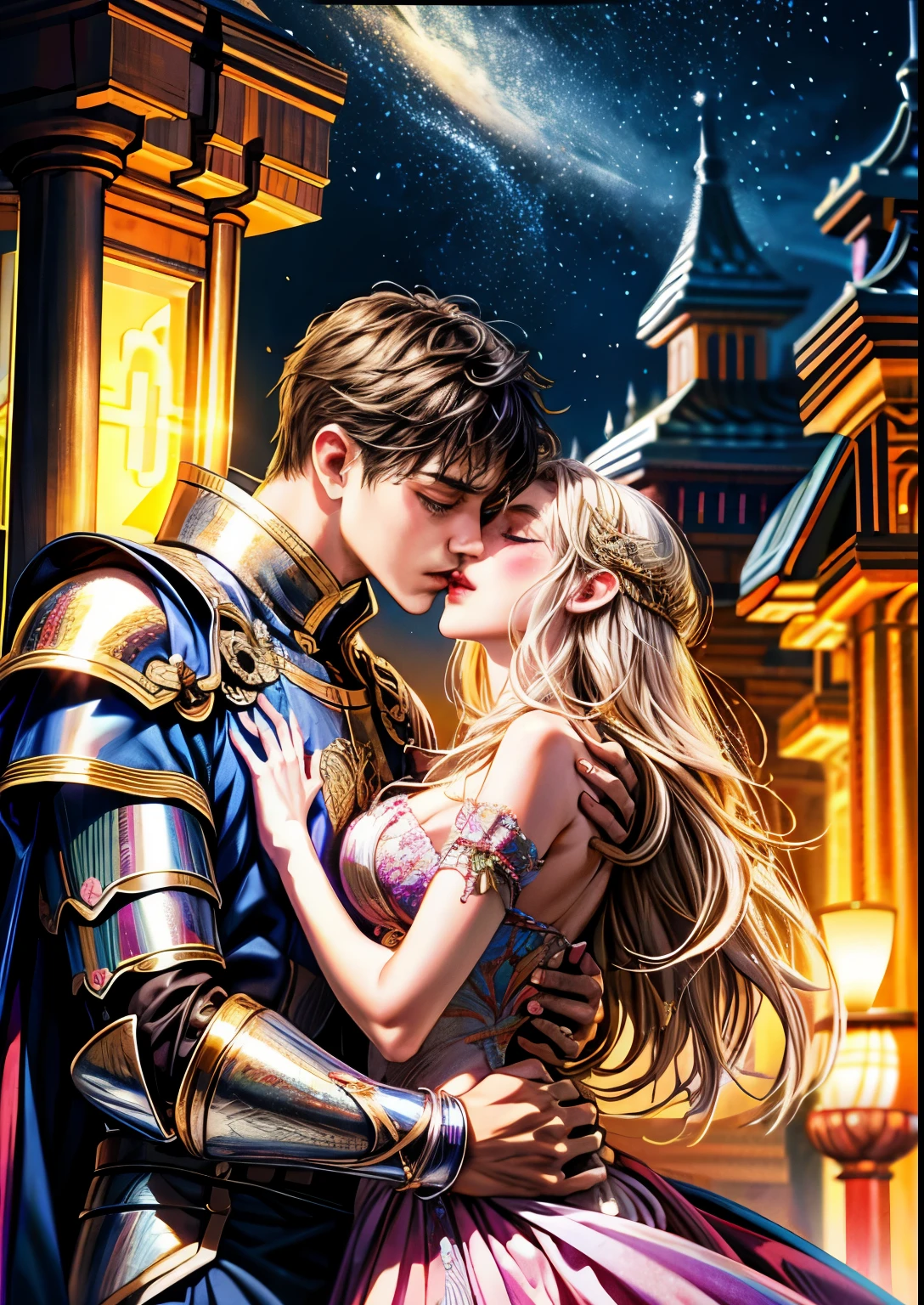 official art, unity wallpaper 8k, very detailed, beautiful and aesthetic, High quality, beautiful, Masterpiece, best quality, (zentangle, Mandala, tangle, entangle:0.6), a knight kiss a princess, (kiss), hug, romantic, love, น่าlove, Fantasy, in a Fantasy city