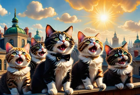 Digital art in the style of Louis William Wain and Mark Ryden. Cats in tuxedos are screaming on the roof like opera singers. The...
