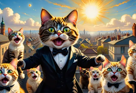 digital art in the style of louis william wain and mark ryden. cats in tuxedos are screaming on the roof like opera singers. the...