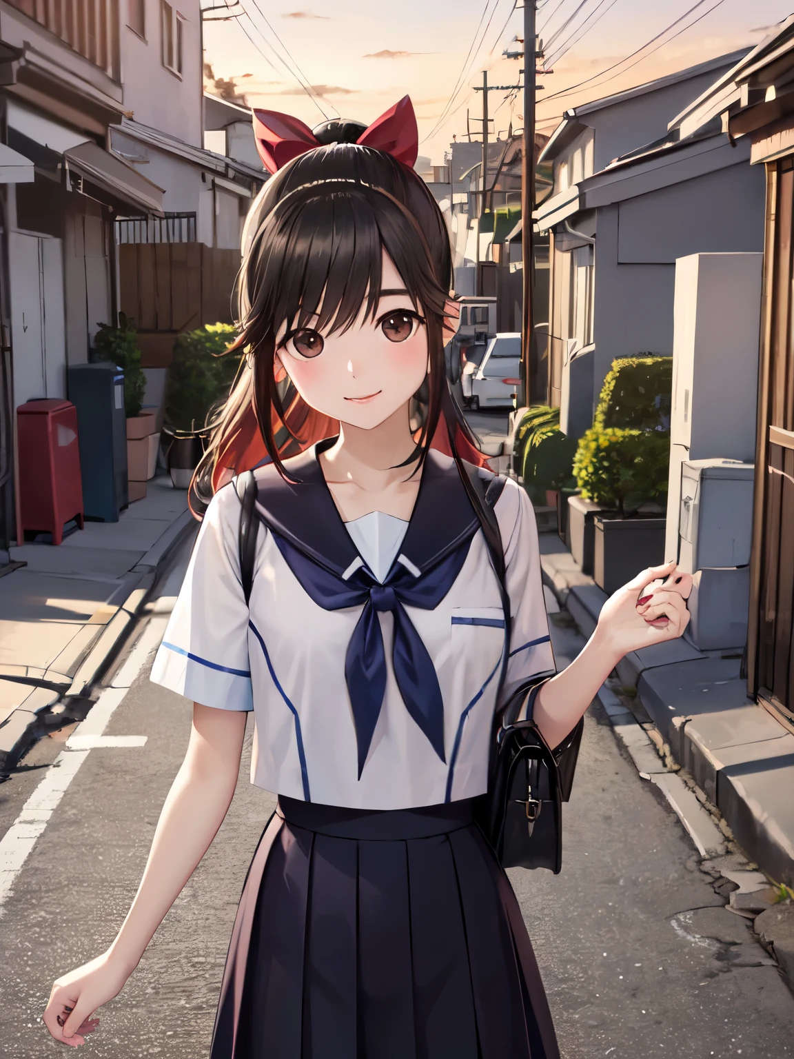 Super Detailed Game CG, (High resolution:1.1),(absurd:1.1), anime, evening、sunset、sunset path、alley、telephone pole、street tree, pretty girl, 1 girl, takane manaka, small breasts, black hair ponytail, red hair ribbon,white sailor suit, navy blue skirt, bangs, wind effect, reflection effect, smile gently、smile、beauty in return、Reddish cheeks、優しいsmile、 beautiful perfect face, droopy eyes、view audience、trot、holding a black school bag、after school、upscale、evening、red sky