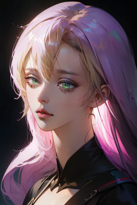 woman blonde hair green eyes and pink batm and a black top, realistic art style, RossDraws portrait, Artgerm portrait, Anime rea...