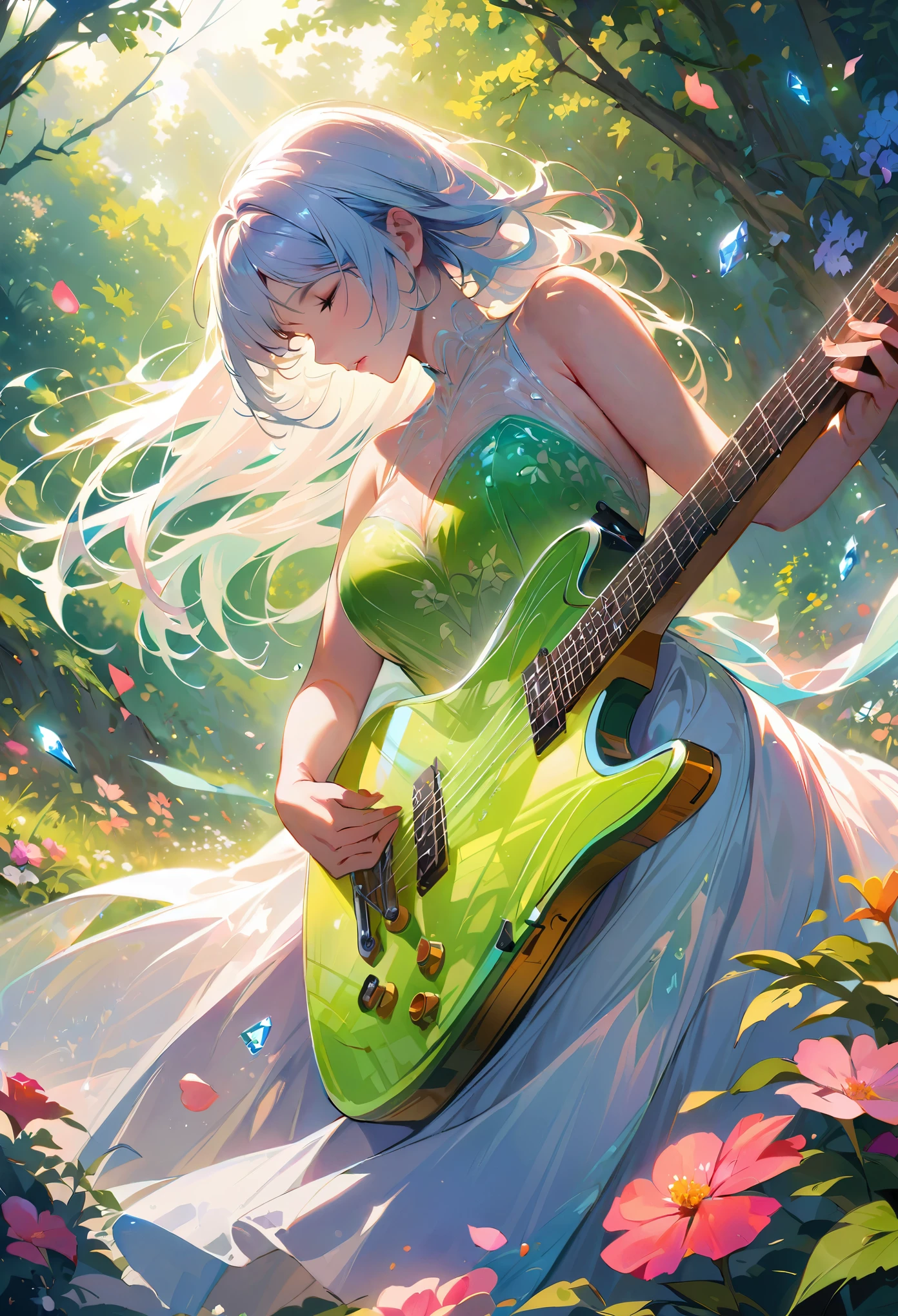 (best quality,4k,8k,highres,masterpiece:1.2),ultra-detailed,realistic,crystal-clear guitar carving,translucent morning of spring,sunlight reflection on guitar,body details,delicate strings,vibrant color palette,sculpting tools,hourglass figure,sound holes,elegant curves,polished surface,delicate engravings,effects of light and shadow,subtle reflections,shimmering surface,sparkling gemstones,flower petals falling,floral patterns,emerald accents throughout,transparent springtime essence,ethereal atmosphere,peaceful garden background,serene ambiance,morning dew,soft sunlight filtering through trees,lush greenery,vividly colored blossoms,harmonious blend of nature and art,impeccable craftsmanship,transcendent beauty,awe-inspiring artwork