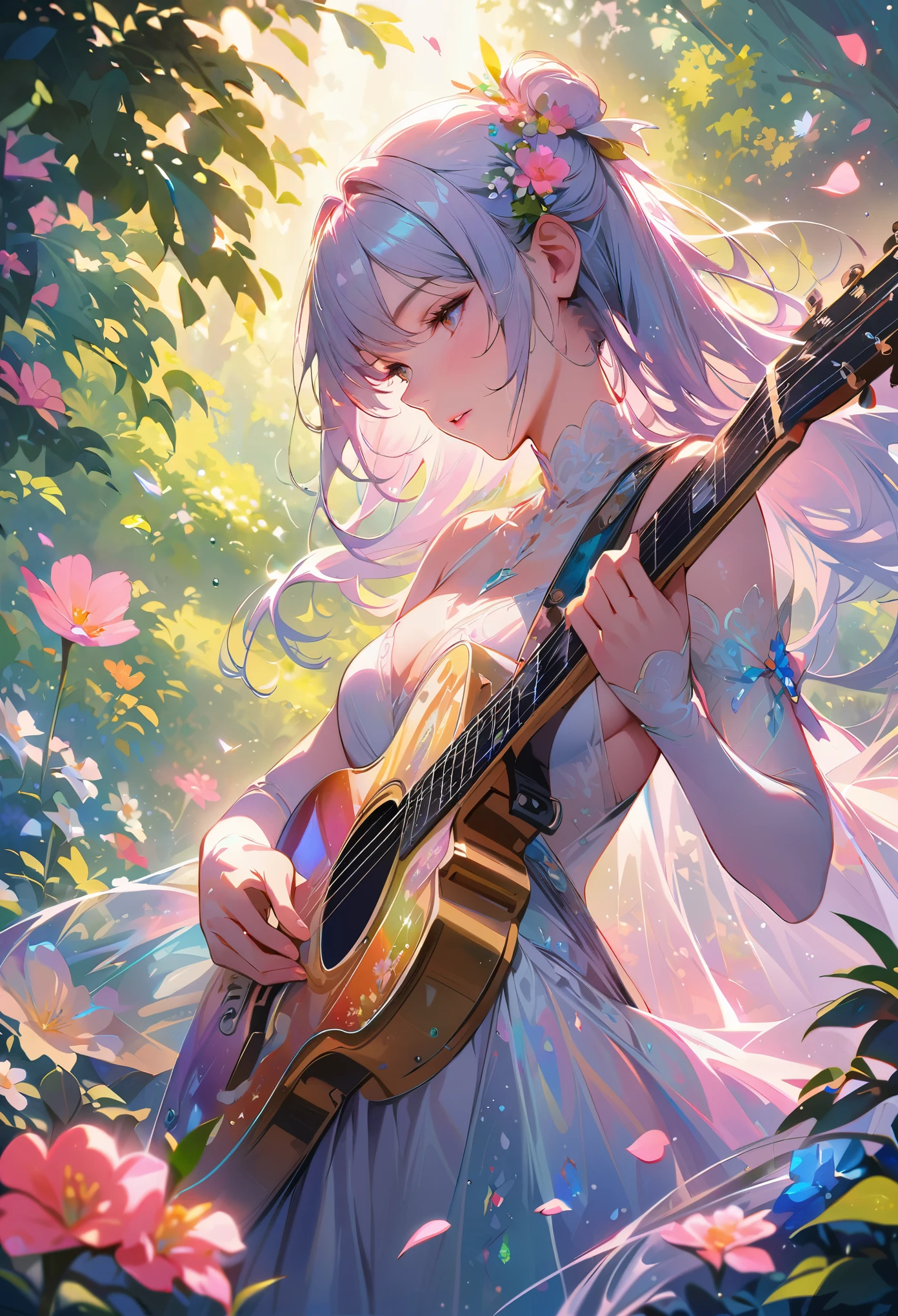 (best quality,4k,8k,highres,masterpiece:1.2),ultra-detailed,realistic,crystal-clear guitar carving,translucent morning of spring,sunlight reflection on guitar,body details,delicate strings,vibrant color palette,sculpting tools,hourglass figure,sound holes,elegant curves,polished surface,delicate engravings,effects of light and shadow,subtle reflections,shimmering surface,sparkling gemstones,flower petals falling,floral patterns,emerald accents throughout,transparent springtime essence,ethereal atmosphere,peaceful garden background,serene ambiance,morning dew,soft sunlight filtering through trees,lush greenery,vividly colored blossoms,harmonious blend of nature and art,impeccable craftsmanship,transcendent beauty,awe-inspiring artwork