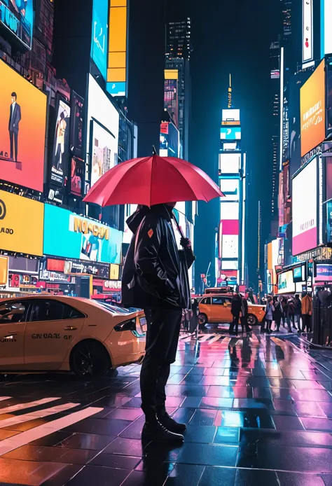 imagine 1 homem cyberpunk usando um guarda-chuva, caminhando pela times square , clima chuvoso a noite ,carros passando , detalh...