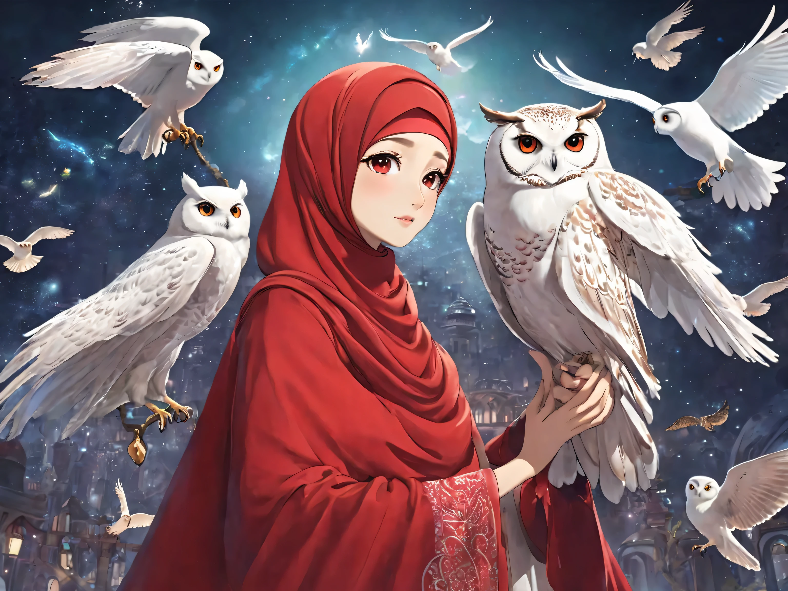 Same woman in image, red hijab holding a white owl on her arm, with magical creatures, with great birds, with a cute fluffy owl, make anime