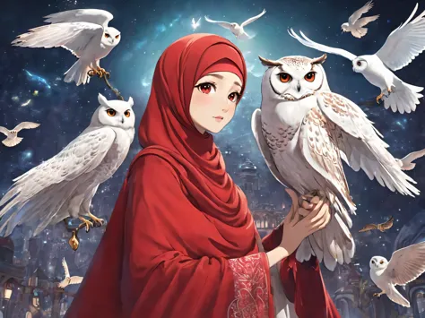 Same woman in image, red hijab holding a white owl on her arm, with magical creatures, with great birds, with a cute fluffy owl,...