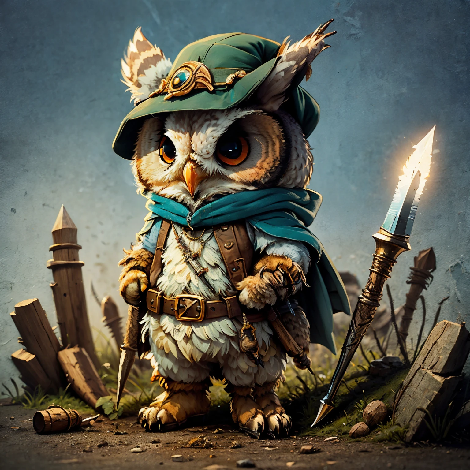 cute cartoon sticker of an owl dressed as an fantasy rogue with pencil-like daggers