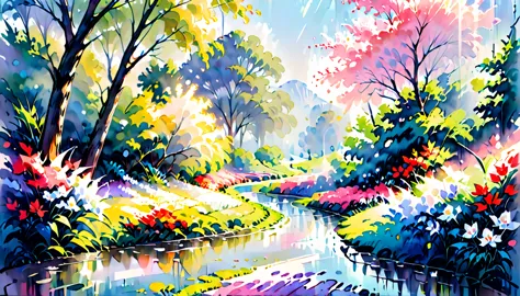 render an impressionistic landscape capturing the ethereal beauty of daybreak in a lush spring garden. take inspiration from mon...