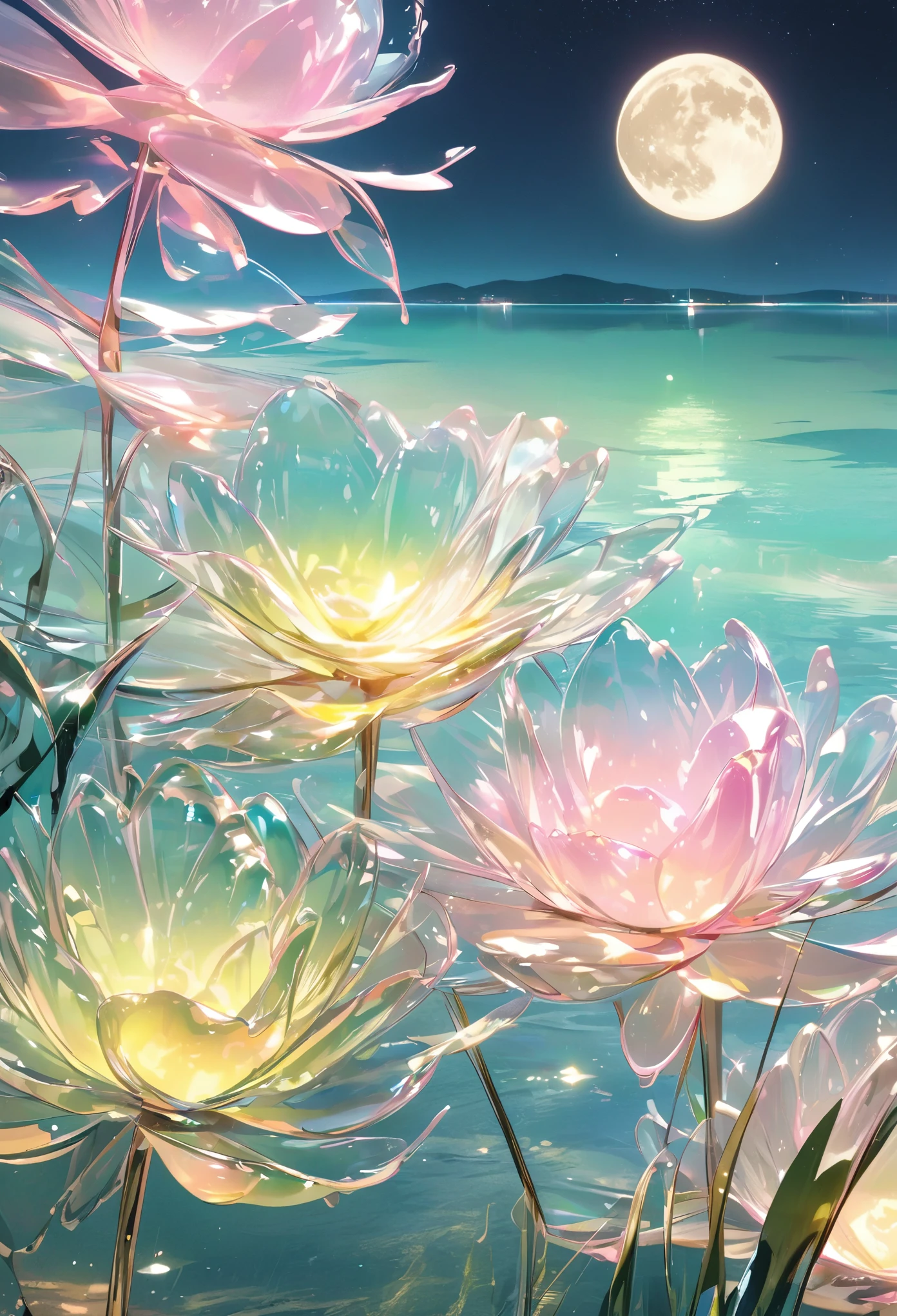 (Beauty)，night，moon，lake surface，gold，pink，green，glass texture、Light， Gradient translucent glass melt,  clean