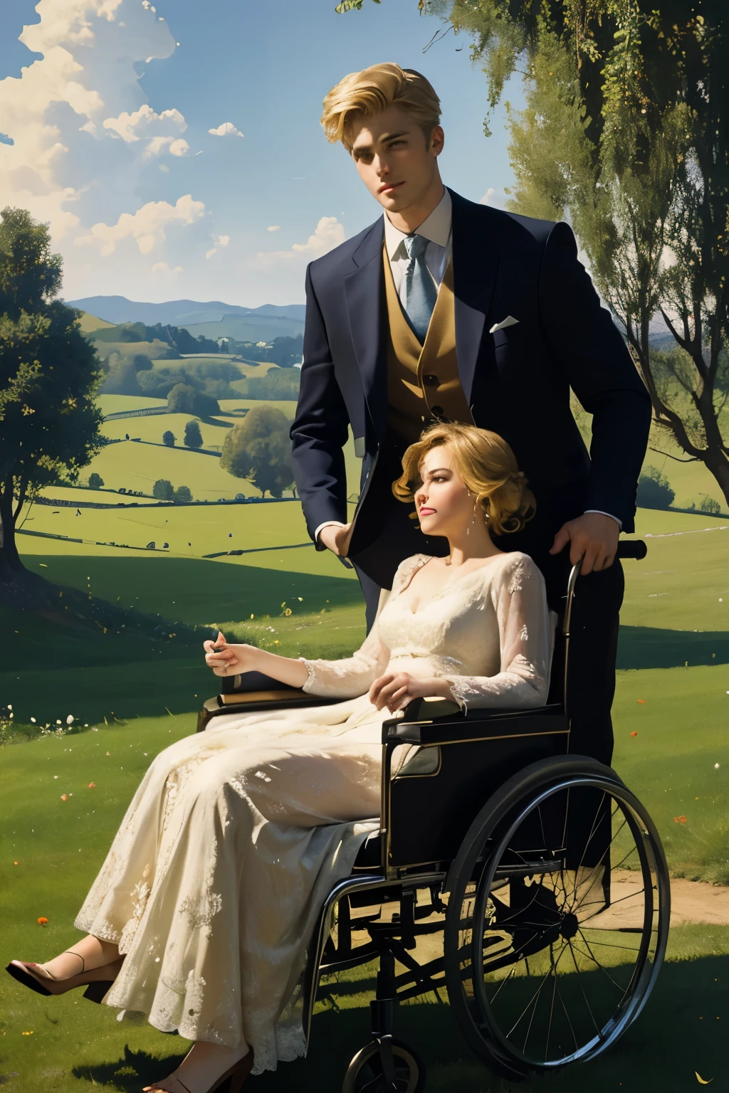 (best quality,4k,8k,highres,masterpiece:1.2),ultra-detailed,(realistic,photorealistic,photo-realistic:1.37),oil painting,idyllic English countryside,two people in the picture， a young handsome man sitting in a wheelchair, a golden-haired beautiful young woman standing behind the wheelchair,by Marc Chagall, portraits, vivid colors, soft light, lush green fields, romantic atmosphere, There&#39;s a blonde woman standing next to her，facial details，handsome face，beautiful face，woman expression gentle