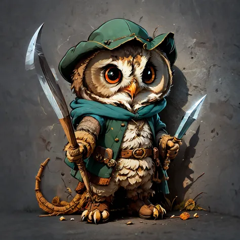 cute cartoon sticker of an owl dressed as an fantasy rogue with pencil-shaped daggers hiding in the shadows