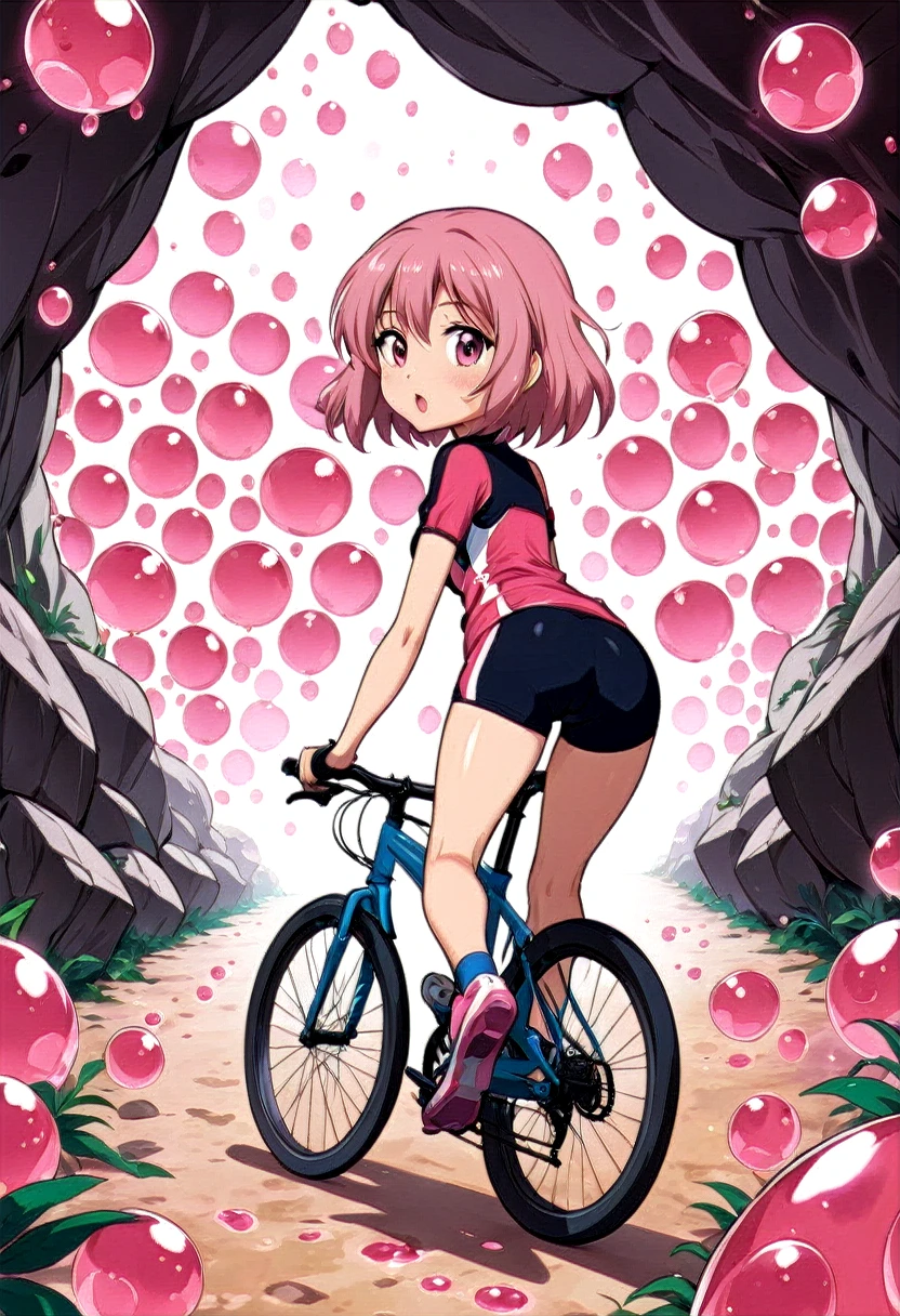 linda garota de anime anda de bicicleta, em shorts de corrida, short curto, Caverna coberta com células biológicas rosa
