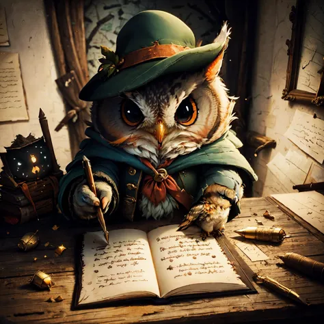 Absurd resolution, high resolution, (masterpiece: 1.4), cute cartoon, 1 fantasy rogue owl, writing a secret letter in a dark roo...