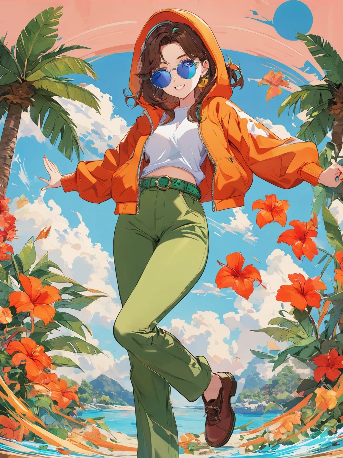 diy22，in a tropical or subtropical environment， A young woman is presented in a vibrant cartoon style. She wears a vibrant orange jacket and green pants， With blue and yellow stripes， Reminiscent of designs by Ronald Balfour. She wears a green belt and blue sunglasses， Adding to her playful look. There is a brown wooden pole behind her， There is a white ring on it. She stood among palm trees and other trees， Creating a peaceful and tropical atmosphere. The background of the image is vector art in cartoon style， Full of energy and colour. ,
