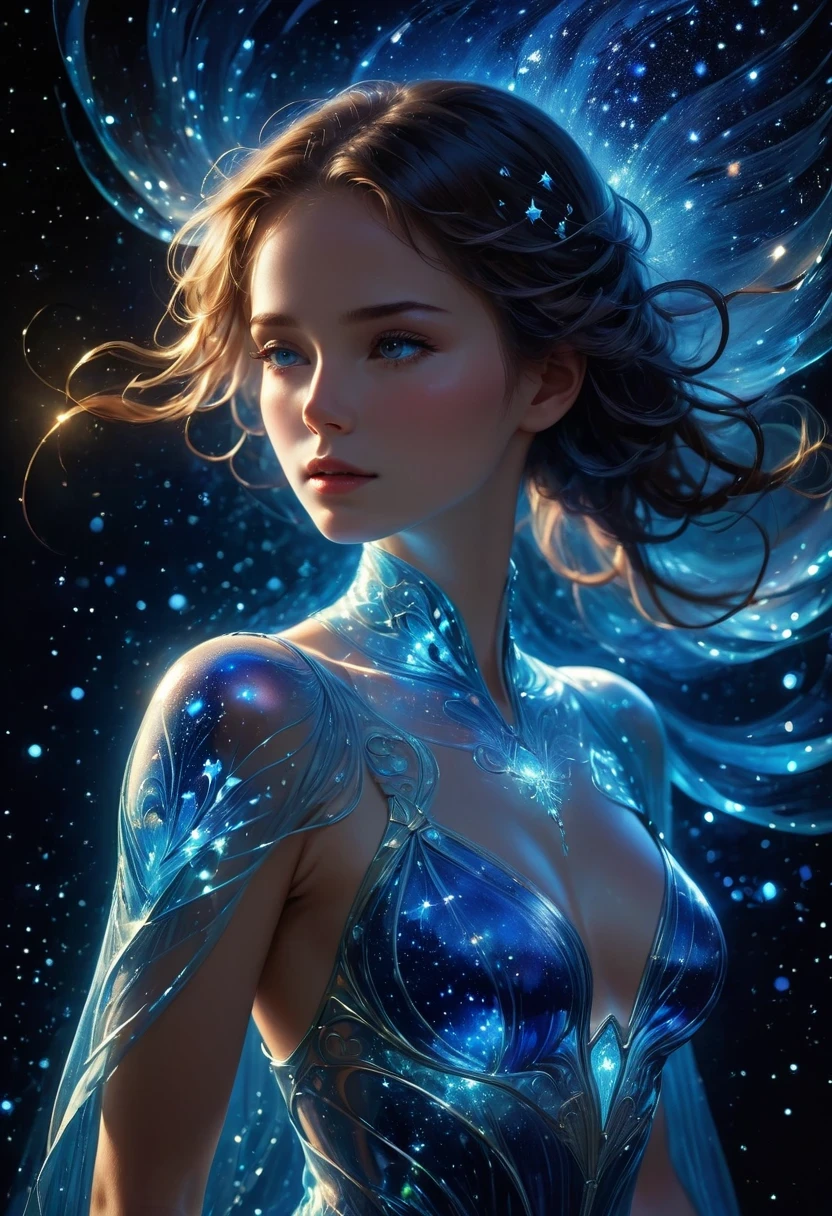 تخيل امرأة زجاجية, شكلها الدقيق يشبه العمل الفني الذي يشبه النحت, البكاء في السماء المرصعة بالنجوم. الليل الأزرق يلفها, إلقاء ضوء حزين على شخصيتها الأثيرية. Her glass توهج الجسمs with bright blue hues, كل خط ومنحني محفور بتفاصيل معقدة. الزجاج في عينيها يعكس النجوم المتلألئة, يعكس العمق والعاطفة اللانهائية للكون. حزنها يتجاوز الكلمات, ولكن شخصيتها الجميلة لا تزال سليمة, دليل على القوة الاستثنائية للعاطفة. هذه المرأة الزجاجية بدقة 4K هي صورة رائعة للضوء والظل, لون, والشعور, يصل，توهج الجسم，خط متوهج，ضوئي,مثال مضيئة，مثال التتبع，فلاش，萤جزيئات الضوء，الإضاءة الخلفية，شفاف，جزيئات الضوء，التشريح البشري الصحيح，