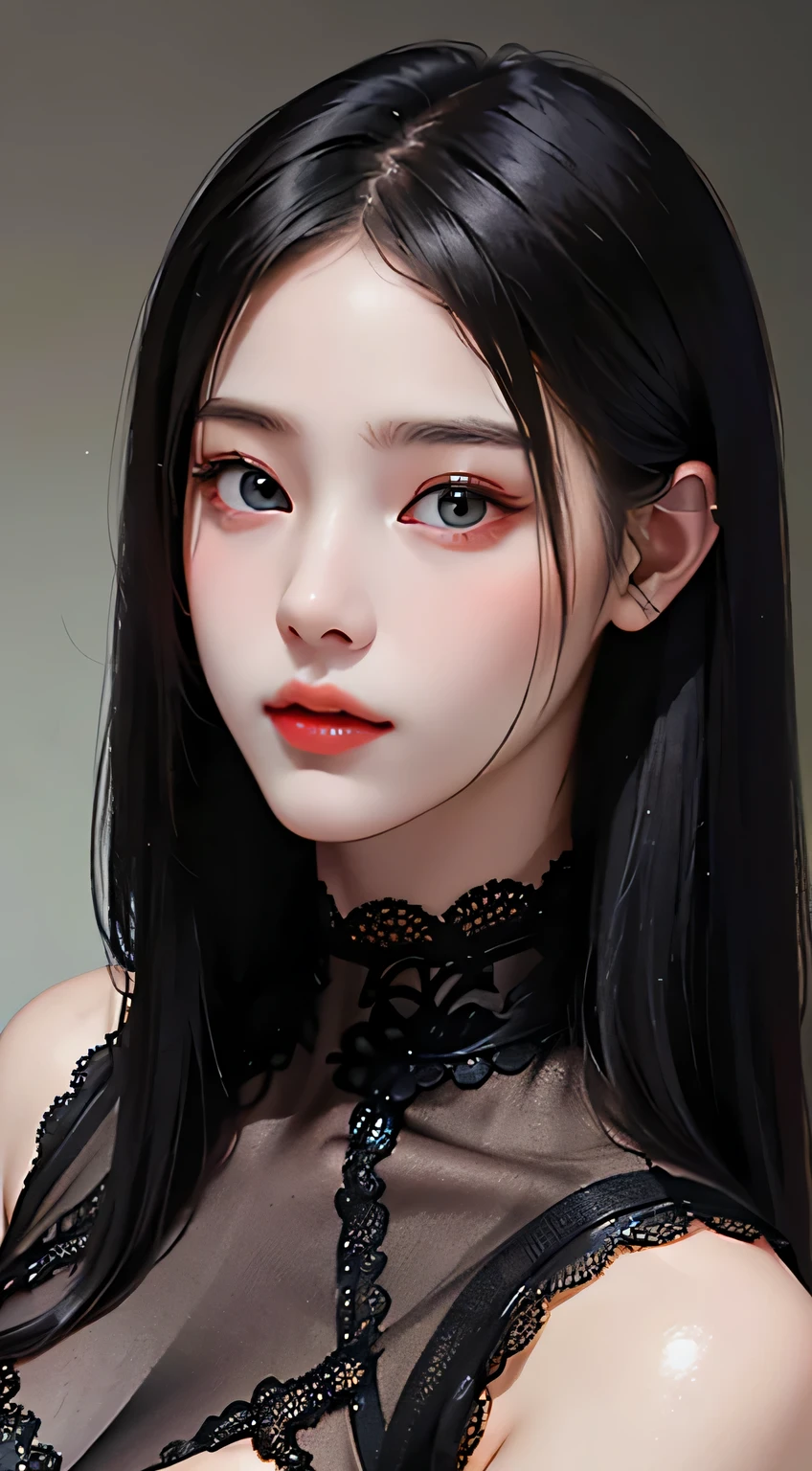 (((NSFW1.5))), 20 year old woman、black haired、(top fade:1.3)、dark theme、calm tone、calm colors、high contrast、(natural skin texture、hyper realism、soft light、sharp)、(Masseter muscle part:1.3)、(8K、Photoreal、RAW photo、highest quality: 1.4)、beautiful expression、(lifelike face)、beautiful hairstyle、realistic eyes、beautiful details、（real looking skin）、beautiful skin、（black lace bodysuit）、absurd、attractive、超A high resolution、surreal、high detail、golden ratio、Huge 、Supermodel