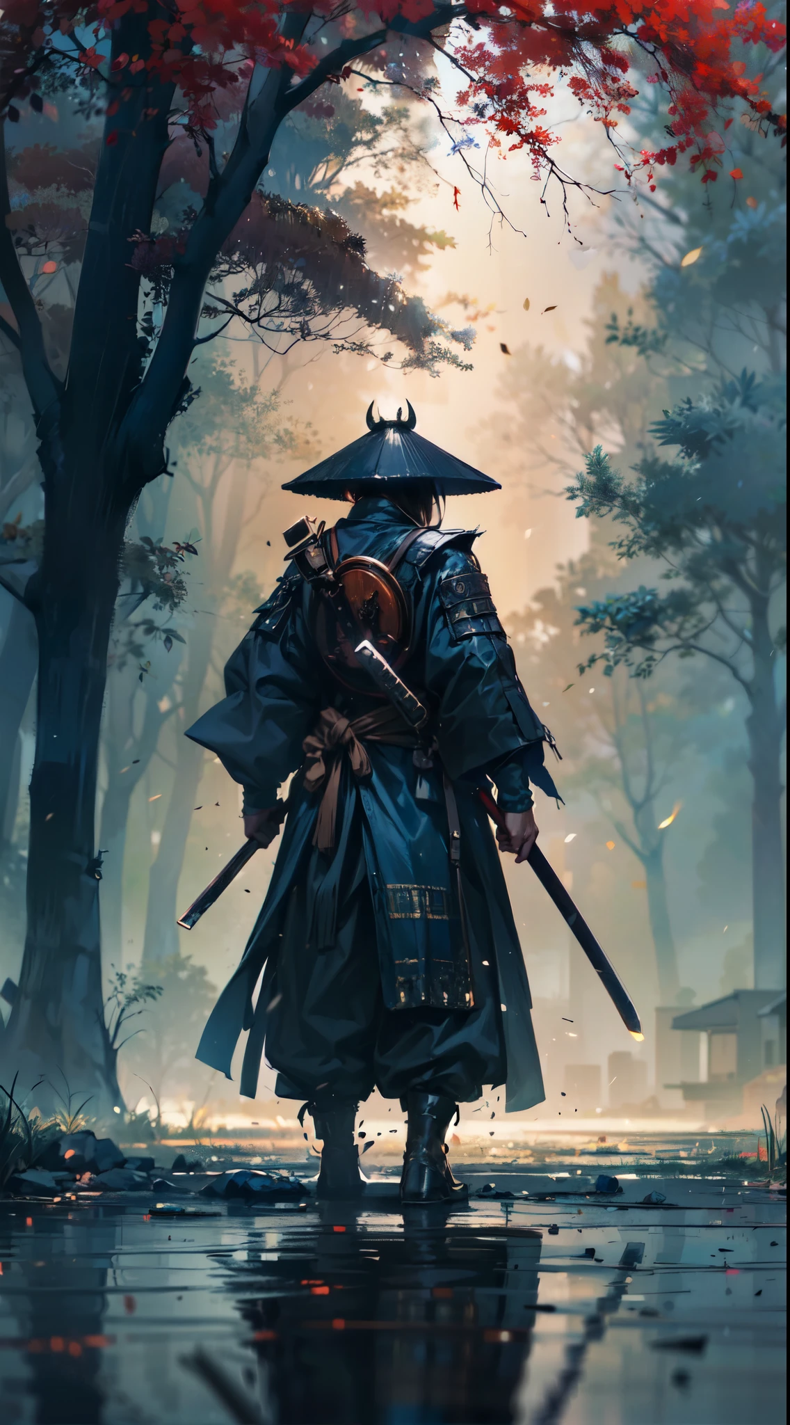 A man in a samurai outfit walking through a forest - SeaArt AI