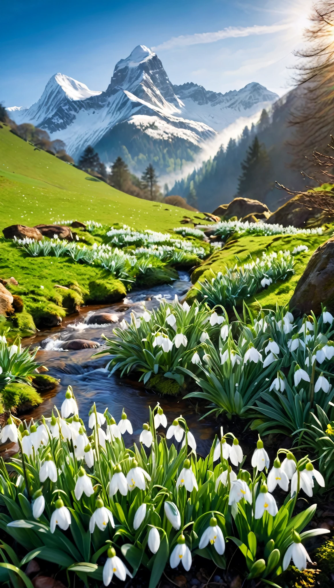 masterpiece, best quality, mbeautiful view, realistic, majestic mountains, spring morning, mist in the valleys, snow on the peaks, greenery, snowdrops, spring morning in the mountains, 