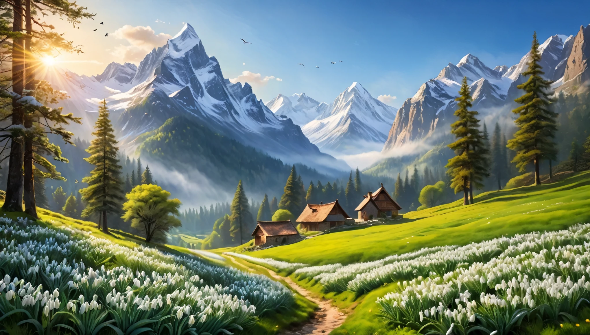 (masterpiece:1.2,best quality,realistic) majestic mountains, (beautiful view, vibrant colors), (snow-capped peaks), (lush greenery), (refreshing spring morning), (soft mist in the valleys), (blooming snowdrops), (peaceful atmosphere), (serene and calm), (crisp and clean air), (tranquility and serenity), (birds chirping), (clear blue sky), (gentle breeze), (sunlight filtering through the trees), (dramatic lighting), (impressive scale), (stunning landscapes), (captivating beauty), (awe-inspiring vistas), (sheer grandeur), (majestic mountain range), (imposing presence), (harmony with nature), (stunning details), (immersive experience), (deep sense of peace), (sense of wonder), (timeless beauty), (ethereal ambiance), (unforgettable sight), (mind-blowing panorama), (scenic beauty), (breathtaking view), (emotional connection), (artistic craftsmanship), (exquisite attention to detail), (impressive realism), (masterful brushstrokes), (meticulous composition), (unparalleled artistry), (immersive atmosphere), (visual feast for the eyes).