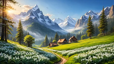 (masterpiece:1.2,best quality,realistic) majestic mountains, (beautiful view, vibrant colors), (snow-capped peaks), (lush greene...