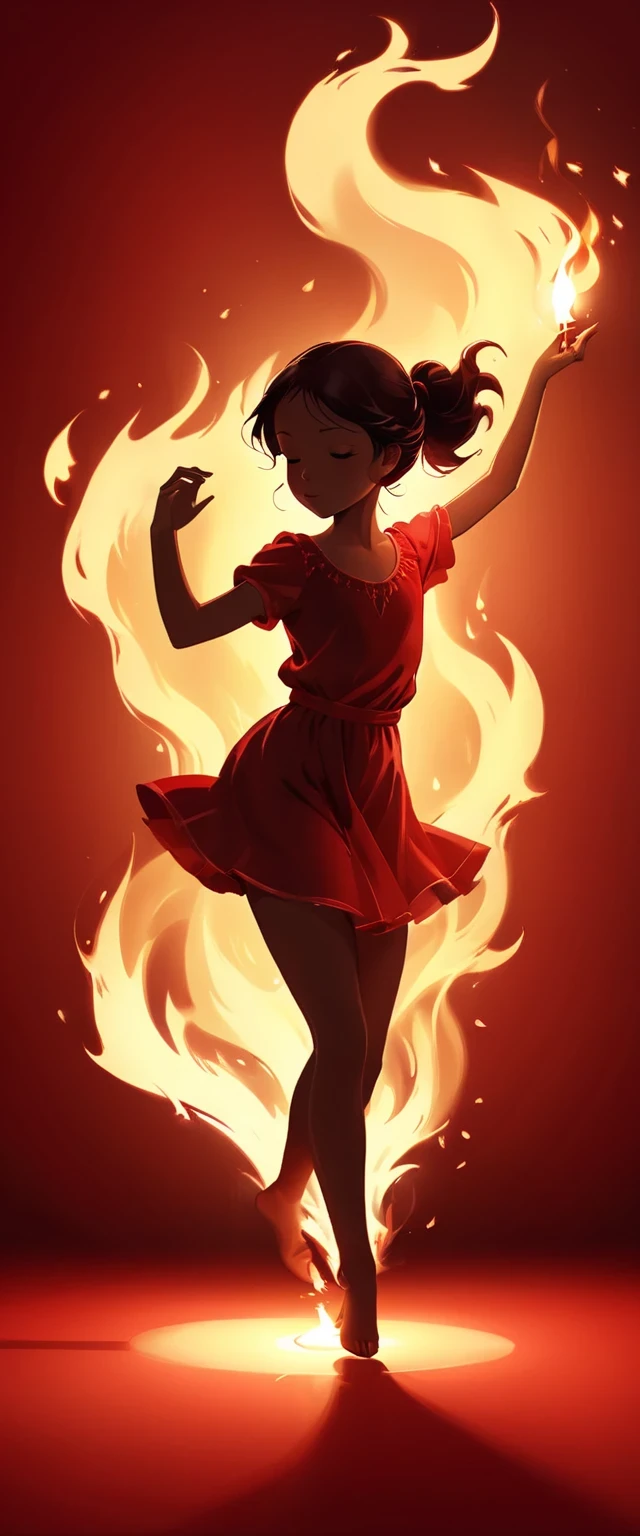 Candle, red background, digital art style, simple lines
Little girl dancing beautifully silhouette of a flame dancing with the light in simple lines, illustration, red background, cartoon, solid color background, texture, candlelight, warm atmosphere, mysterious feeling, soft fire dancing in the light, showing the style of fire and light，Simple strokes，line art