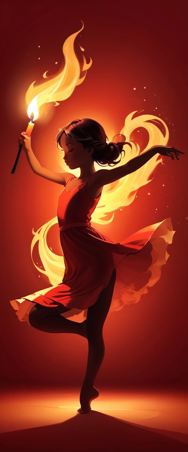 Candle, red background, digital art style, simple lines
Little girl dancing beautifully silhouette of a flame dancing with the light in simple lines, illustration, red background, cartoon, solid color background, texture, candlelight, warm atmosphere, mysterious feeling, soft fire dancing in the light, showing the style of fire and light，Simple strokes，line art