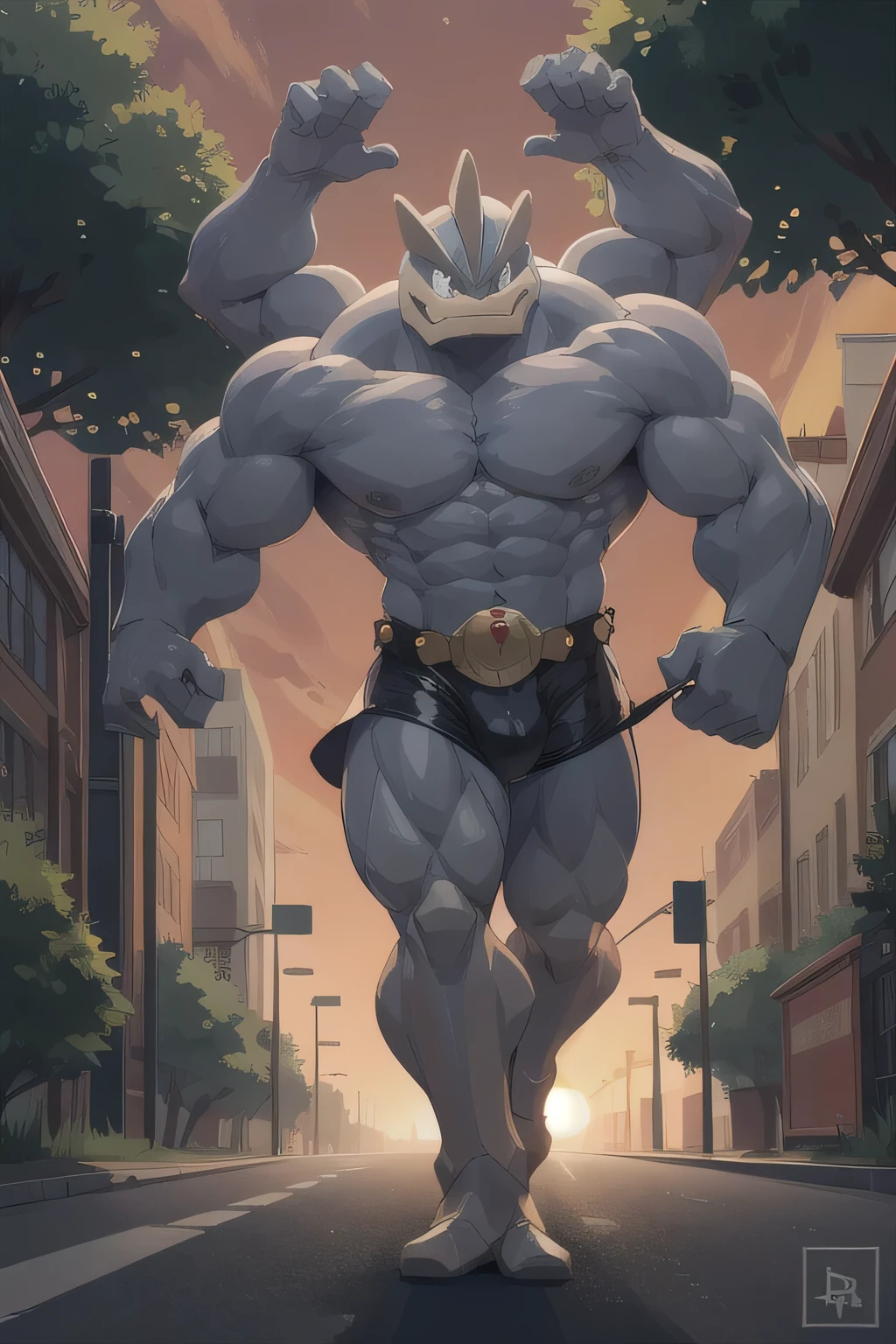 Machamp,pokemon, bald, grey skin, 4 arms, man, championship belt, briefs, looking at viewer, serious, smirk, red eyes, walking, on pavement, outside, road, 3-story buildings, trees, summer, orange sky, high quality, masterpiece,