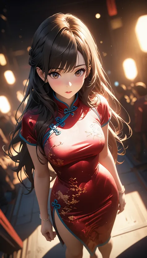 Cheongsam girl，long hair，pure white background，depth of field，High angle of view，Overclocked renderer，movie lighting，Ultra-fine，super detailed，complicated，cinematic perspective，CG art，