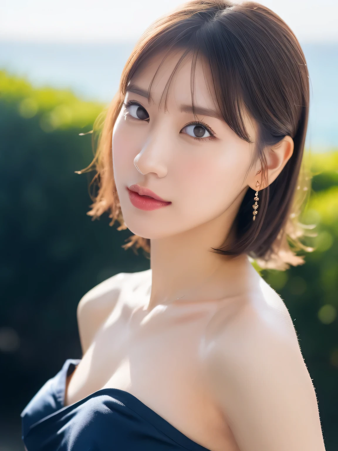 ((highest quality, 8K, masterpiece :1.3)), (realistic, Photoreal:1.4), sharp focus：1.2, 
Bright colors, professional level, shallow depth of field, 
20-year-old, 1 person, A beautiful face with intelligence, 
Supple body :1.3, model body shape:1.5, 頭w:1.4, perfect style：1.4, 
narrow shoulders, beautiful clavicle, long and thin legs, The beauty of slim abs :1.2, thin waist :1.2, 
super detailed skin, Fair skin, Shiny skin, 
super detailed face, slim facial contour, beautiful small face, Beautiful lined nose, 
super detailed eyes, long slit eyes, brown eyes, double eyelid, beautiful thin eyebrows, fine long eyelashes, 
super detailed lips, plump lips, glossy pink lips, flushed cheeks, beautiful teeth, 
Beautiful actress&#39;s ennui makeup, pink lipstick, silver necklace, earrings, 
light brown hair, delicate soft hair, 
(hair up, short hair, ponytail :1.2), layer cut, (dull bangs:1.2), 
(Dress up with trendy fashion:1.2), 
gentle smile, open mouth half way, Enchanted expression, stare at the camera, 
dynamic lighting, ((Hasselblad Photos)), 

((She is completely naked and wearing a tight navy blue satin camisole., Black lace on chest and hem:1.2)), 
(perfect breast shape, B cup:1.2), A small pink areola, 
She has a cute plump butt, My thighs are dazzling, 
(View from the front, Pay attention to the base of your thighs:1.2), 

blue sky and aegean sea, sea beach, The horizon of the ocean spreading out in the background, 
Posing with palms like a , spreading my legs, 
cinematic lighting, midsummer rays, Bright light shining all over, 