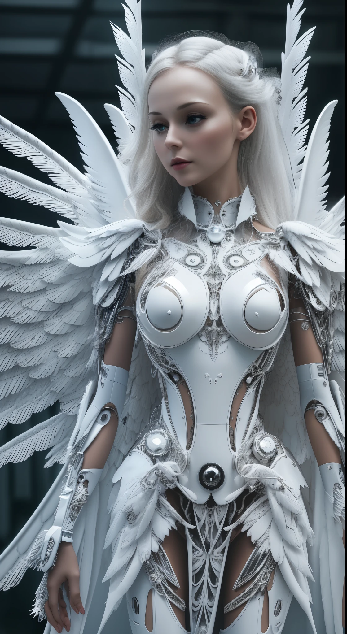 Close-up of a woman in a white dress with wings, full body angel, futuristic robot angel, amazing angel wings, angel knight gothic girl, angel in plastic armor, intricate costume designs, As a mysterious Valkyrie, Its whole body is made of white feathers,, futuristic and fantastic, white wings, beautiful angel wings, steampunk angel, beautiful cyborg angel girl, graceful wings