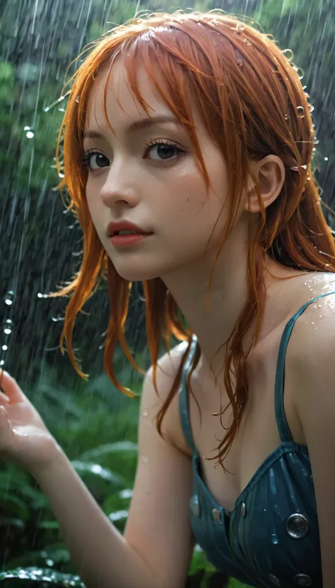 (Masterpiece:1.2, Best Quality), Forest, 1 girl, girl, Redhead, , Thinking, nami one piece, raining, fullbody, action pose, beut...
