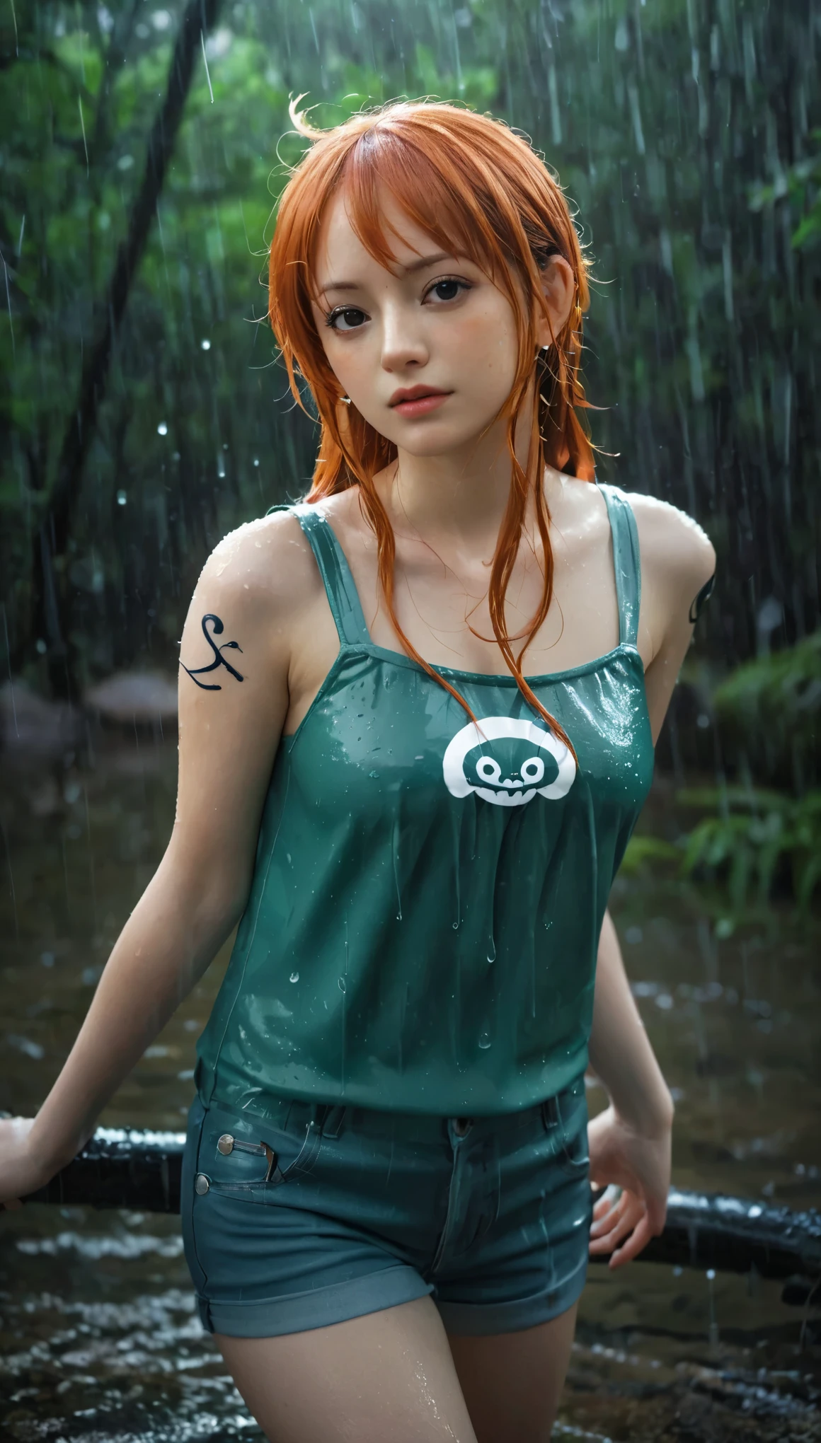 (Masterpiece:1.2, Best Quality), Forest, 1 girl, girl, Redhead, , Thinking, nami one piece, raining, fullbody, action pose, beutifull face, beautifull body, ultra detail face, very detail, ultra hidgh res, high quality, foto-realistic, raining, wet