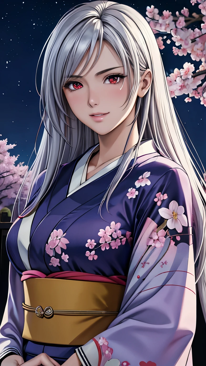 red eyes, (highest quality, masterpiece painting:1.3), immature woman, 16 years old, (half body shot), masterpiece, ultra high resolution, (Photoreal:1.0), silver hair,straight hair, beautiful shining hair, white and shining skin, ((Ultra realistic details)), octane rendering, highly detailed face, (big breasts:0.8), (make a heart with hands), Wearing a beautiful Japanese kimono, Kimono has colors and patterns, Hair flutters under the influence of the wind, Japanese garden with beautiful cherry blossoms at night, Mysterious night sky, Beautiful Landscapes, sharp focus, intricate details, professional artwork, (bright colors:1.1), bright colors, diffused lighting, digital blending, ultra-definition body, ultra detail hair, super detailed face, that&#39;It&#39;s trending on pixiv, top button open, Cute gaze, compensate, perfect lips, perfect compensate, Ultra-precision coating,  (light_smile:0.8), (Very embarrassed:1.2), blush your nose,