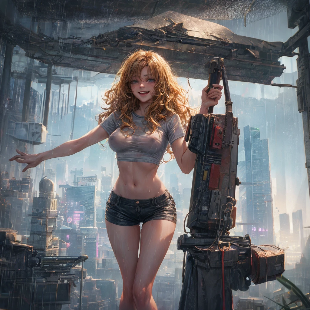 gorgeous 18 year old with wavy blond hair detailed alluring eyes d-cup breasts, Thigh gap long sexy legs wearing tiny shorts tshirt laughing in beautiful futuristic cyberpunk+ city, mist, wet, raining, best quality masterpiece, photorealistic, detailed, 8k, HDR, shallow depth of field, broad light, high contrast
