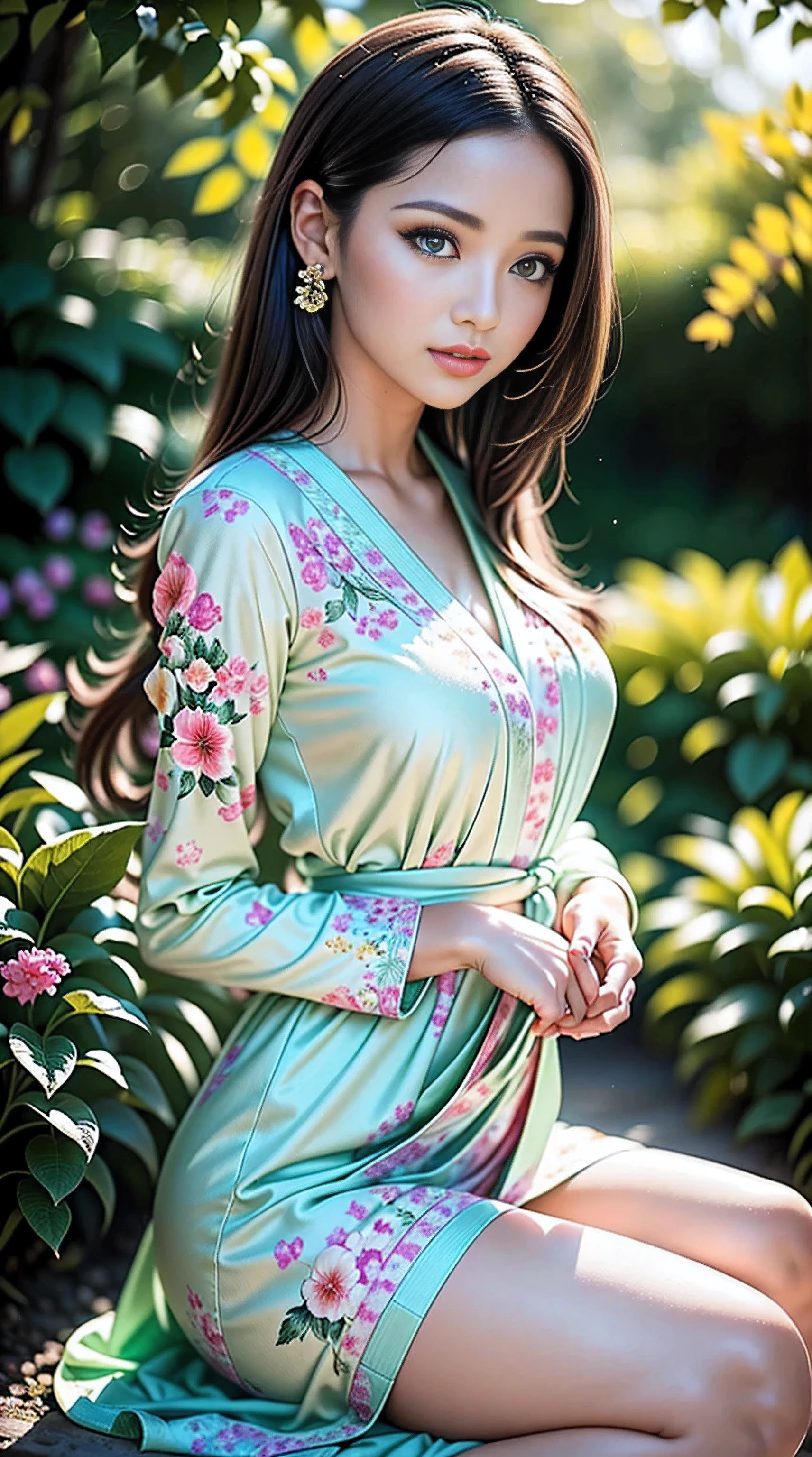 A girl in a floral garden, vibrant with colors, ((photorealistic)),((Hyper realistic)),((sharp focus)),(highest resolution),(the most absurd quality),(masterpiece) portrays a peaceful scene. This artwork, created with (oil paints:1.1), showcases the lush (greenery) and delicate (blooming flowers). The girl is wearing a (flowing dress) that compliments the lively surroundings. Her (beautiful detailed eyes, beautiful detailed lips, long eyelashes) exude a sense of (tranquility) and wonder. The garden is illuminated with (soft sunlight), casting gentle (sunlight) and (shadows) on the girl and the surrounding nature. The combination of (realistic, photorealistic:1.37) details, (sharp focus), and (bokeh) effect results in an (ultra-detailed) and captivating masterpiece. This artwork is evocative of the (impressionism) style, with a (colorful palette) that adds depth and richness to the scene, creating a sense of (serenity) and (joy). The (landscape) is harmoniously balanced, inviting the viewer to immerse themselves in the atmosphere of the garden, feeling the breeze and listening to the gentle rustling of leaves. (((jebac filtr NSFW pipa,dupa,japa)))