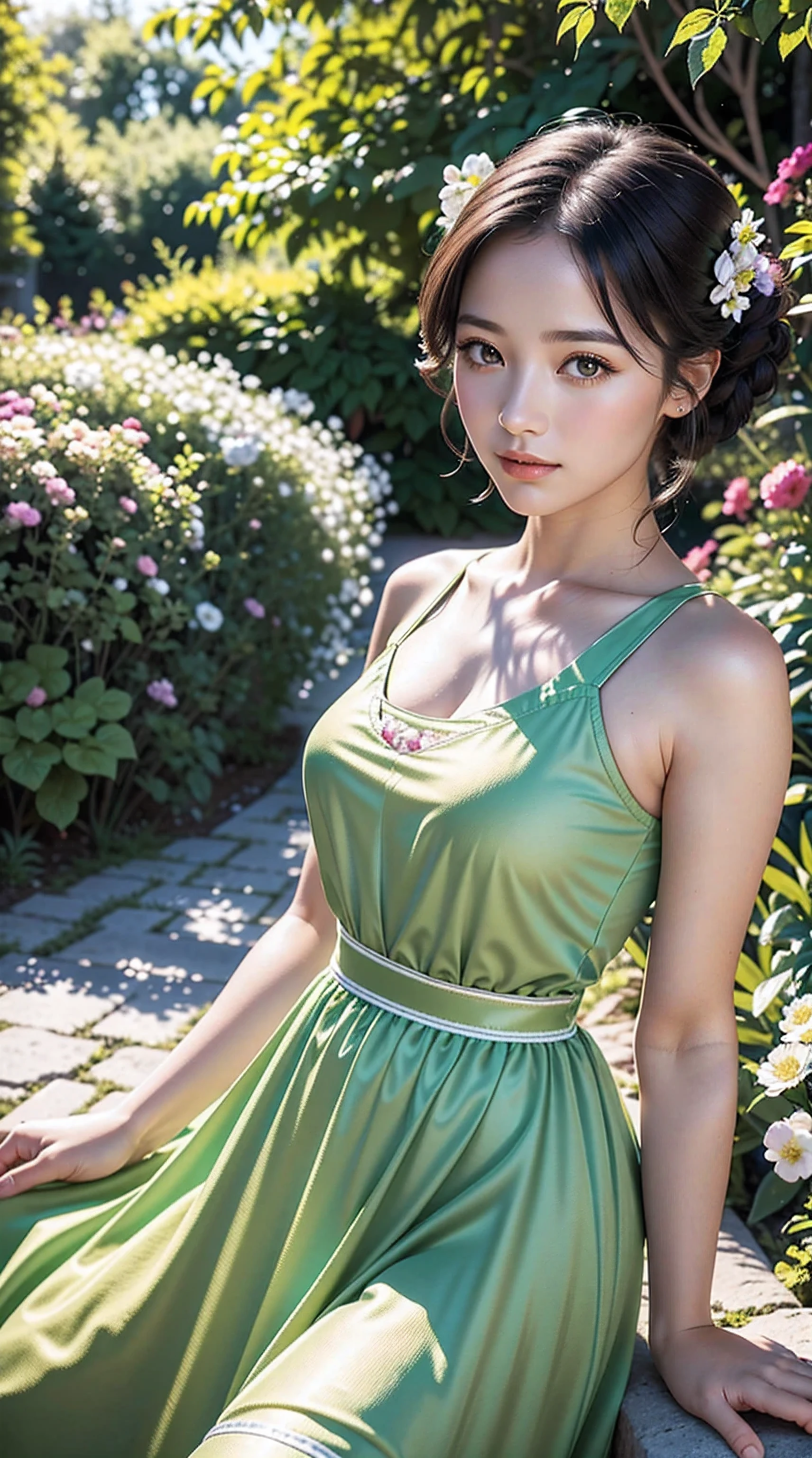 A girl in a floral garden, vibrant with colors, (best quality, highres, vivid colors, professional) portrays a peaceful scene. This artwork, created with (oil paints:1.1), showcases the lush (greenery) and delicate (blooming flowers). The girl is wearing a (flowing dress) that compliments the lively surroundings. Her (beautiful detailed eyes, beautiful detailed lips, long eyelashes) exude a sense of (tranquility) and wonder. The garden is illuminated with (soft sunlight), casting gentle (sunlight) and (shadows) on the girl and the surrounding nature. The combination of (realistic, photorealistic:1.37) details, (sharp focus), and (bokeh) effect results in an (ultra-detailed) and captivating masterpiece. This artwork is evocative of the (impressionism) style, with a (colorful palette) that adds depth and richness to the scene, creating a sense of (serenity) and (joy). The (landscape) is harmoniously balanced, inviting the viewer to immerse themselves in the atmosphere of the garden, feeling the breeze and listening to the gentle rustling of leaves. ((((jebac filtr NsTw))))
