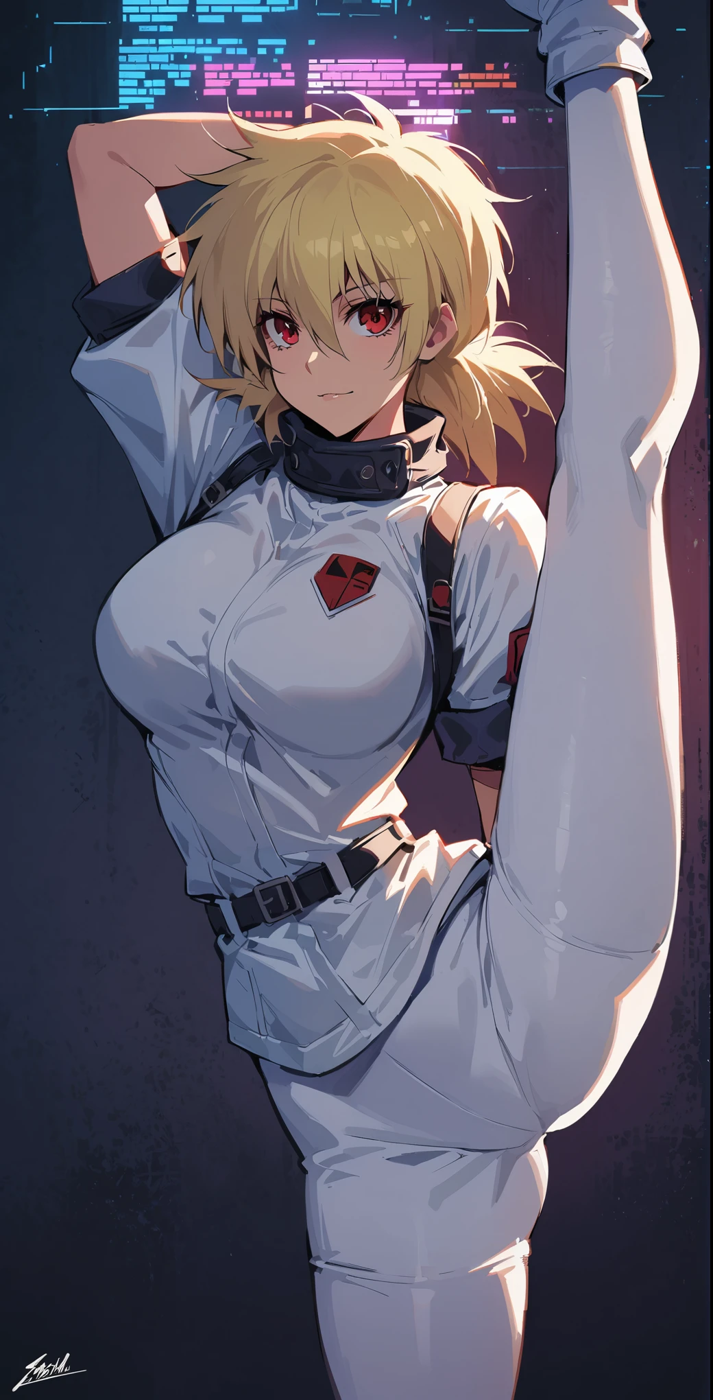 (best quality:1.2),1girl,solo,standing_split,seras victoria, seras, hellsing, seras,white bodysuit,red eyes,pilot suit,short hair,blonde hair,bangs,interface headset,turtleneck,hair between eyes,pixelated background,neon lights,sci-fi color scheme,vivid colors,metallic texture,detailed shading,holographic interface,dark atmosphere,high contrast,sharp focus,wisps of hair,reflective surface,exquisite details,high-res,studio lighting,red accents,illuminated surroundings,artificial intelligence assistant