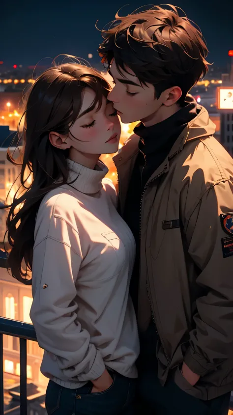 1 male and 1 female , brown hair, kissing , night city on top of buildings, closed eyes , hands in pocket