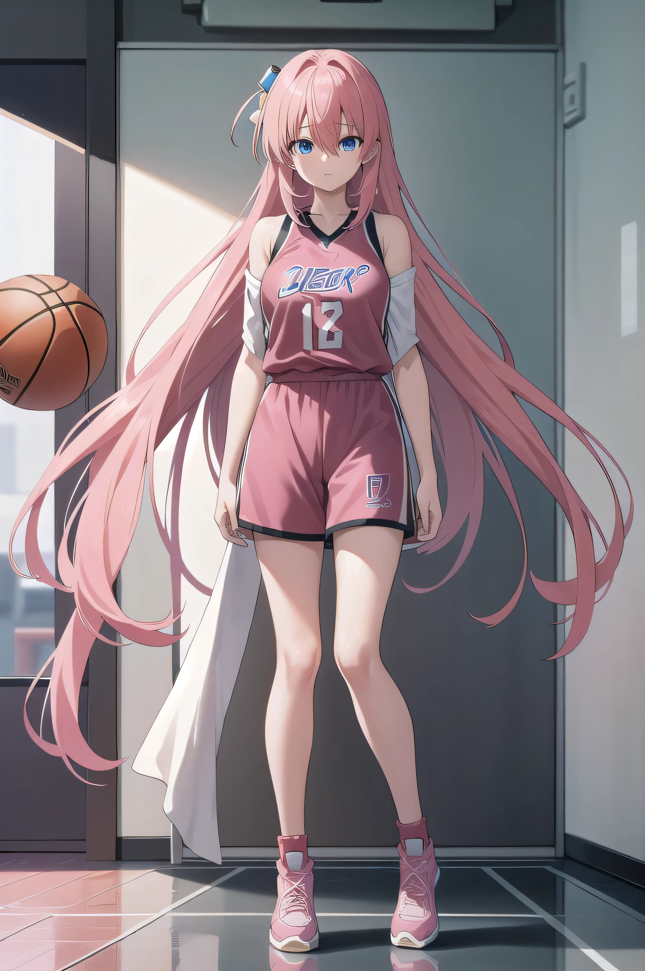 hitori gotho , pink hair, long hair, hair between eyes, blue eyes, cube hair ornaments , indoors , on the basketball court , duking , epic lighting , holding basketball and dunking , full body , pink basketball jersey , perfect anatomy , high res , unity 8K wallpaper ,  