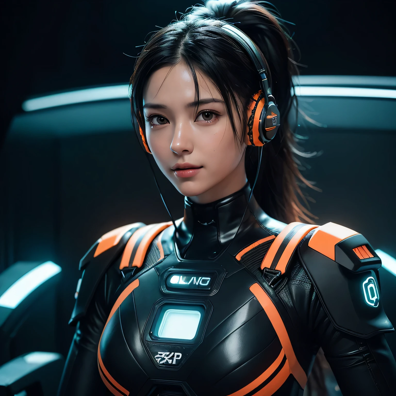 ((Best quality)), ((masterpiece)), (detailed:1.4), 3D, an image of a beautiful cyberpunk female,HDR (High Dynamic Range),Ray Tracing,NVIDIA RTX,Super-Resolution,Unreal 5,Subsurface scattering,PBR Texturing,Post-processing,Anisotropic Filtering,Depth-of-field,Maximum clarity and sharpness,Multi-layered textures,Albedo and Specular maps,Surface shading,Accurate simulation of light-material interaction,Perfect proportions,Octane Render,Two-tone lighting,Wide aperture,Low ISO,White balance,Rule of thirds,8K RAW,Beautiful,beautiful woman, skinny thick bodysuit,Girl with armor suit, 22 years old asian beautiful girl with((black long hair)), black and ((neon orange glow lining)) -  spacesuit, (((futuristic black orange headphone))), 1girl, serious smile, beautiful brown eyes, ponytail long hair, realistic,  black bodysuit,
,3d animation, boombastic side eyes, ((spaceship command center background)), ,half body Shot