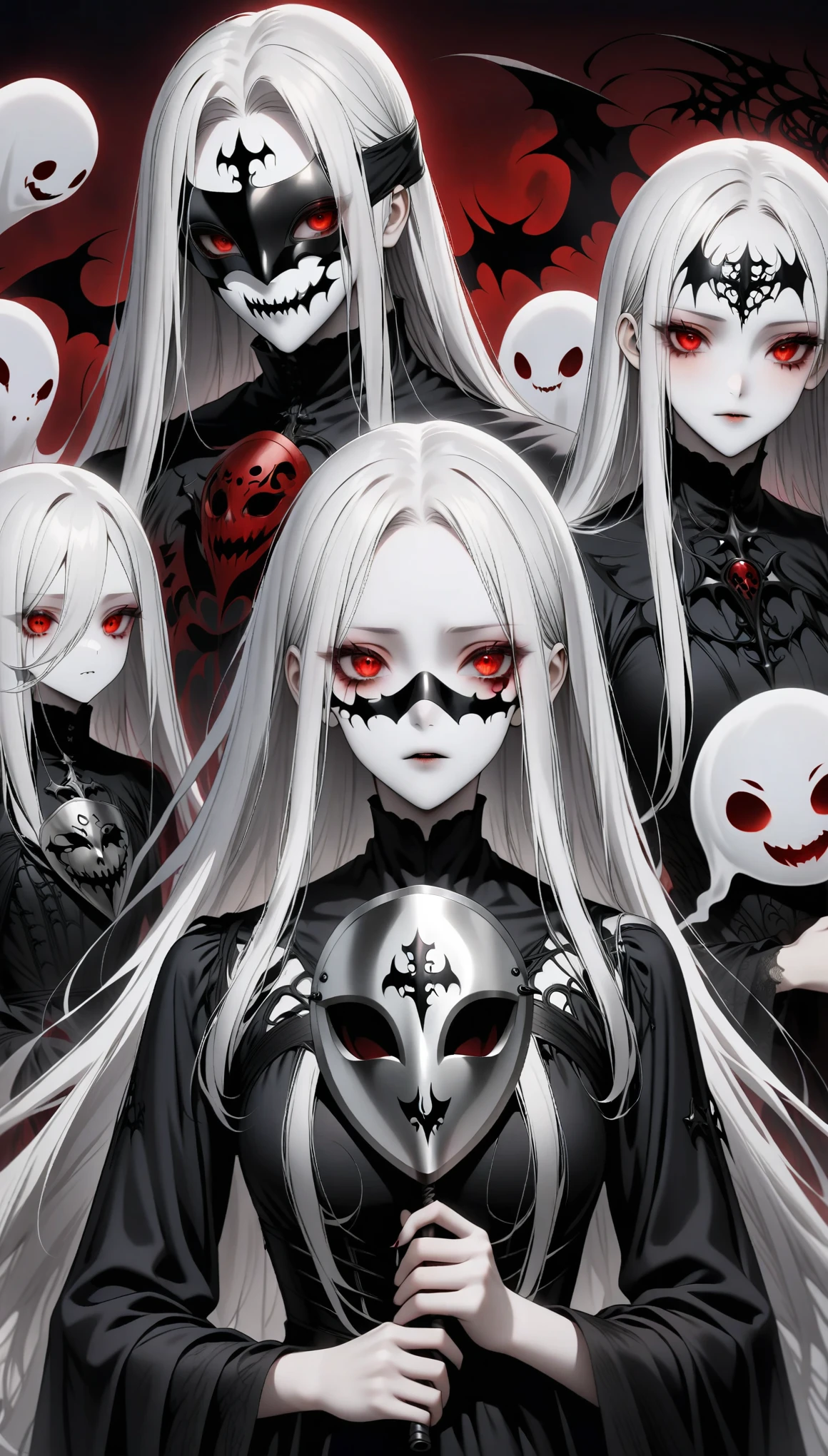 （Holding a metal mask in hand：1.5），（White-haired ghost，straight hair，red eyes），（gothic art），（fear：1.5），（Correct human anatomy：1.37）