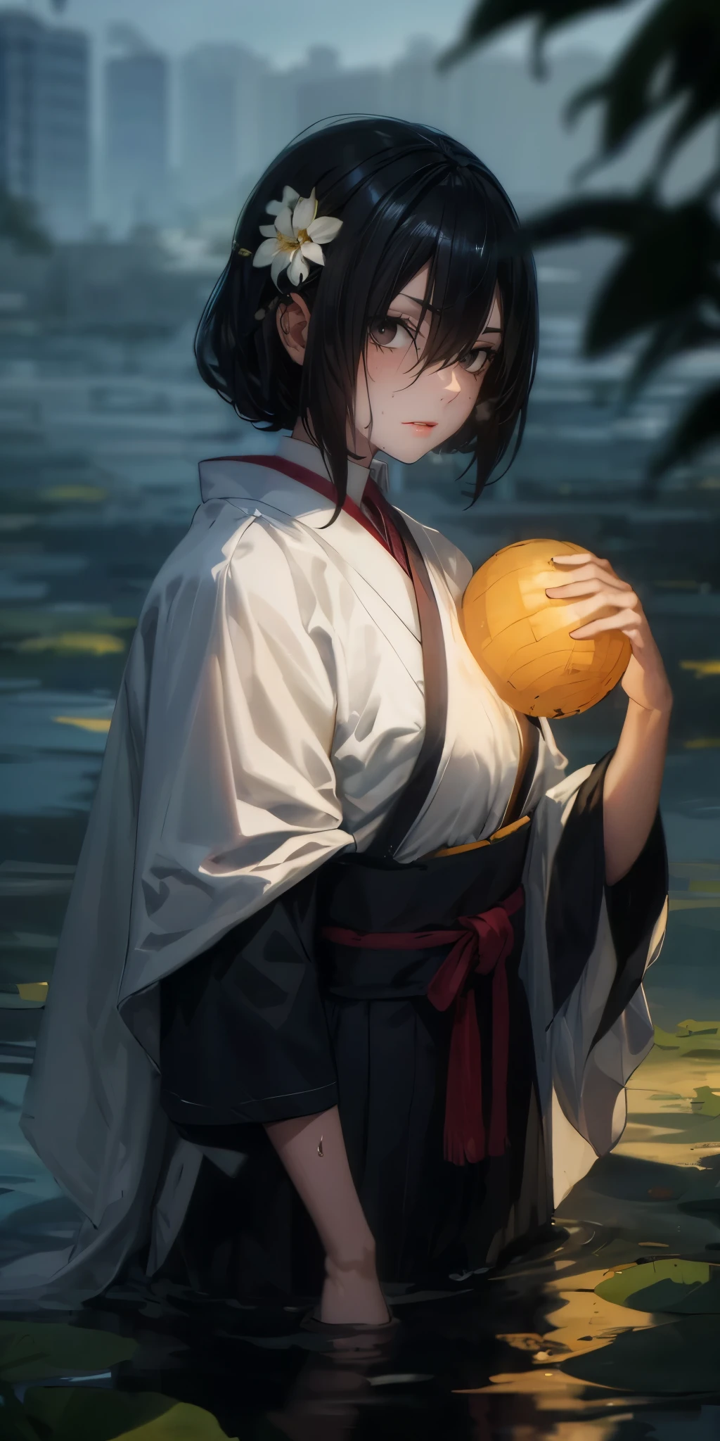 KirukiruAmou, black hair, long hair, black eyes, sweating,  heavy breathing, breasts 1girl, hair_ornament, hair_flower, flower, wading, solo,  japanese_clothes, water, blurry, black_hair, bangs, depth_of_field, outdoors, holding, standing, smile, closed_mouth, night, looking_at_viewer, hollow eyes, bright pupils, sweating, heavy breathing, steaming face, glowing eyes, purple eyes, expressionless, lazy eyes, "Photorealistic, Hyperrealistic, Hyperdetailed, analog style, soft lighting, subsurface scattering, realistic, heavy shadow, masterpiece, best quality, ultra realistic, 8k, golden ratio, Intricate, High Detail, film photography, soft focus", sweating, steaming body, fog,