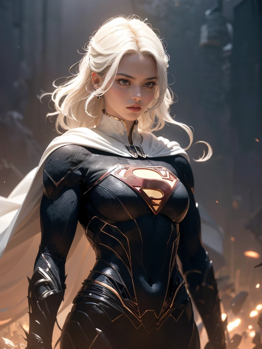 A 25-year-old girl with white hair in an elaborate white long-sleeved Superman costume, cubriendo todo el cuerpo,  white capelet, pechos grandes, senos descubiertos, senos desnudos, pezones detallados, Disfraz blanco de Superman, Traje con detalles de fibra de carbono blanca, encorvado (Posando en la pantalla:1.4), (Detalles intrincados:0.9), (HDR, Hiperdetalle:1.2), (texturas naturales de la piel, hiperrealista, Luz tenue, afilado), Fotos en formato RAW y 35 mm.. fondo radial oscuro.