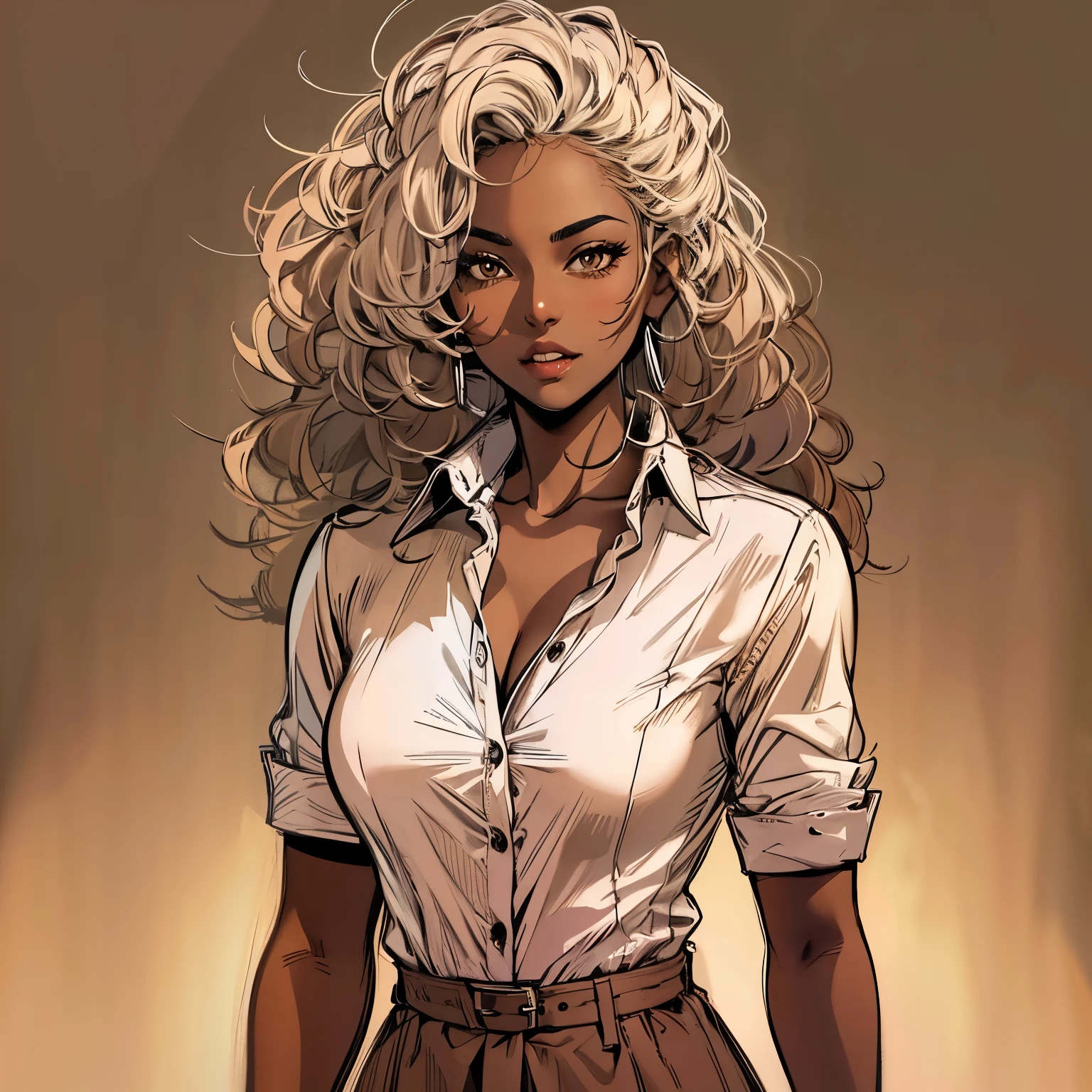 (best quality, masterpiece:1.2), Sketch full view of a hot looking dark brown skin 29 year old woman standing in front of us. She has brown eyes and long curly white hair. She has vampire fangs. She has a nice curve physique. She is wearing a solid slim button long sleeve shirt dress. Shadow background. Sketch. Shading. Lighting.