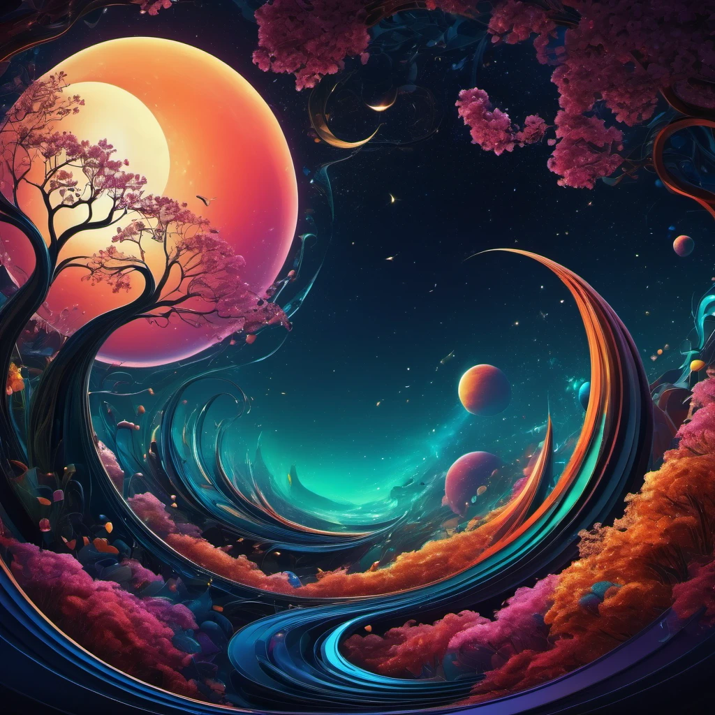 (best quality, highres, ultra sharp), magical Spring Morning, about the curvature of space time, art decostyle , full colored, 3d crunch, dark tones,